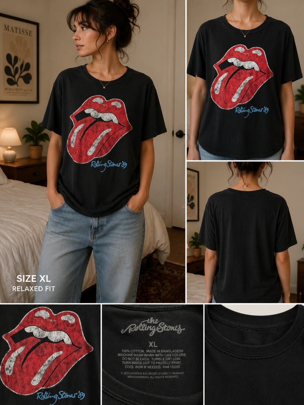 the Rolling Stones Black Tee with Red Tongue Graphic Grunge